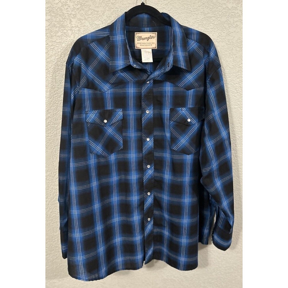 WRANGLER Western Fashion Men's Blue Plaid Pearl Snap Button Shirt 2XL